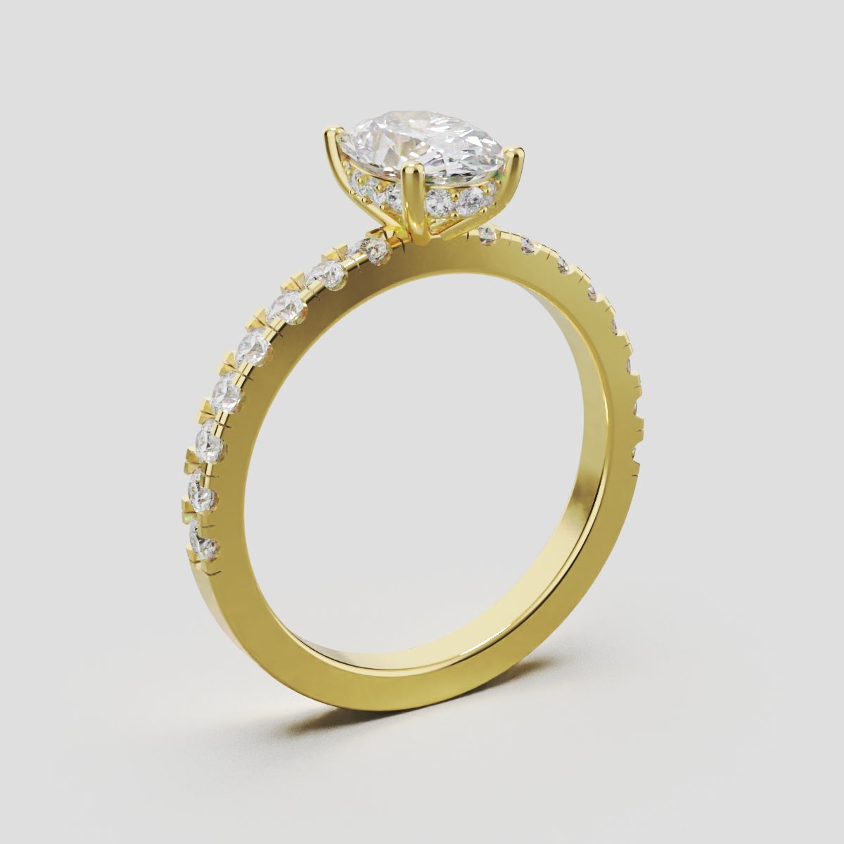 Foschia, 1ct oval lab grown diamond engagement ring, 1.8mm Pave, Hidden Halo, 18K yellow gold - ne