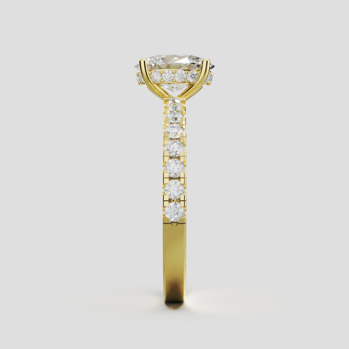 Foschia, 1ct oval lab grown diamond engagement ring, 1.8mm Pave, Hidden Halo, 18K yellow gold - side view