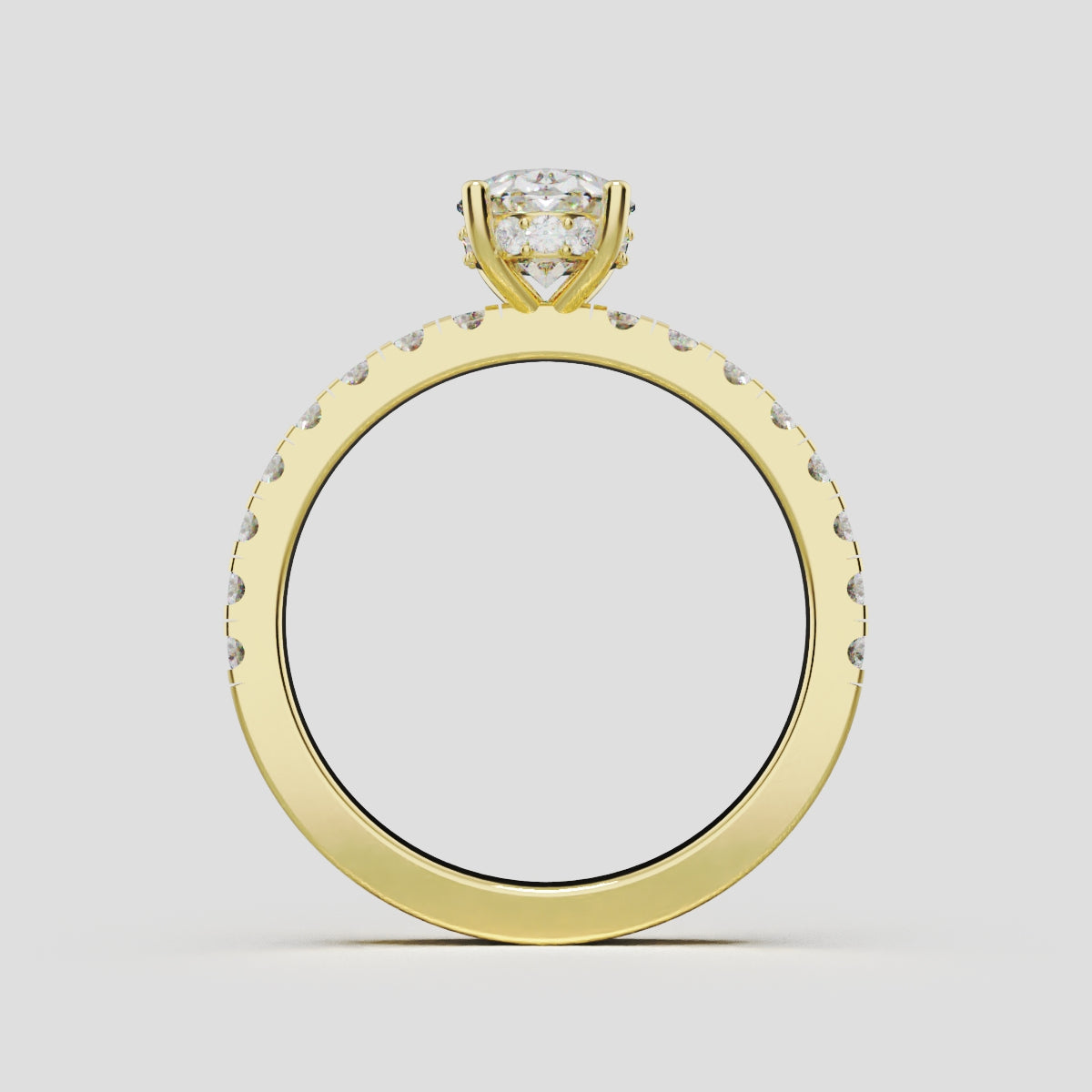 Foschia, 1ct oval lab grown diamond engagement ring, 1.8mm Pave, Hidden Halo, 18K yellow gold - through finger