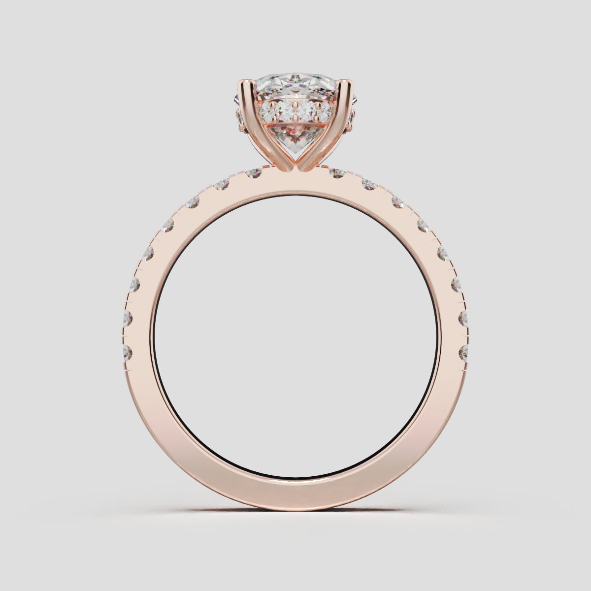 Foschia, 2ct oval lab grown diamond engagement ring, 1.8mm Pave, Hidden Halo, 18K rose gold - through finger