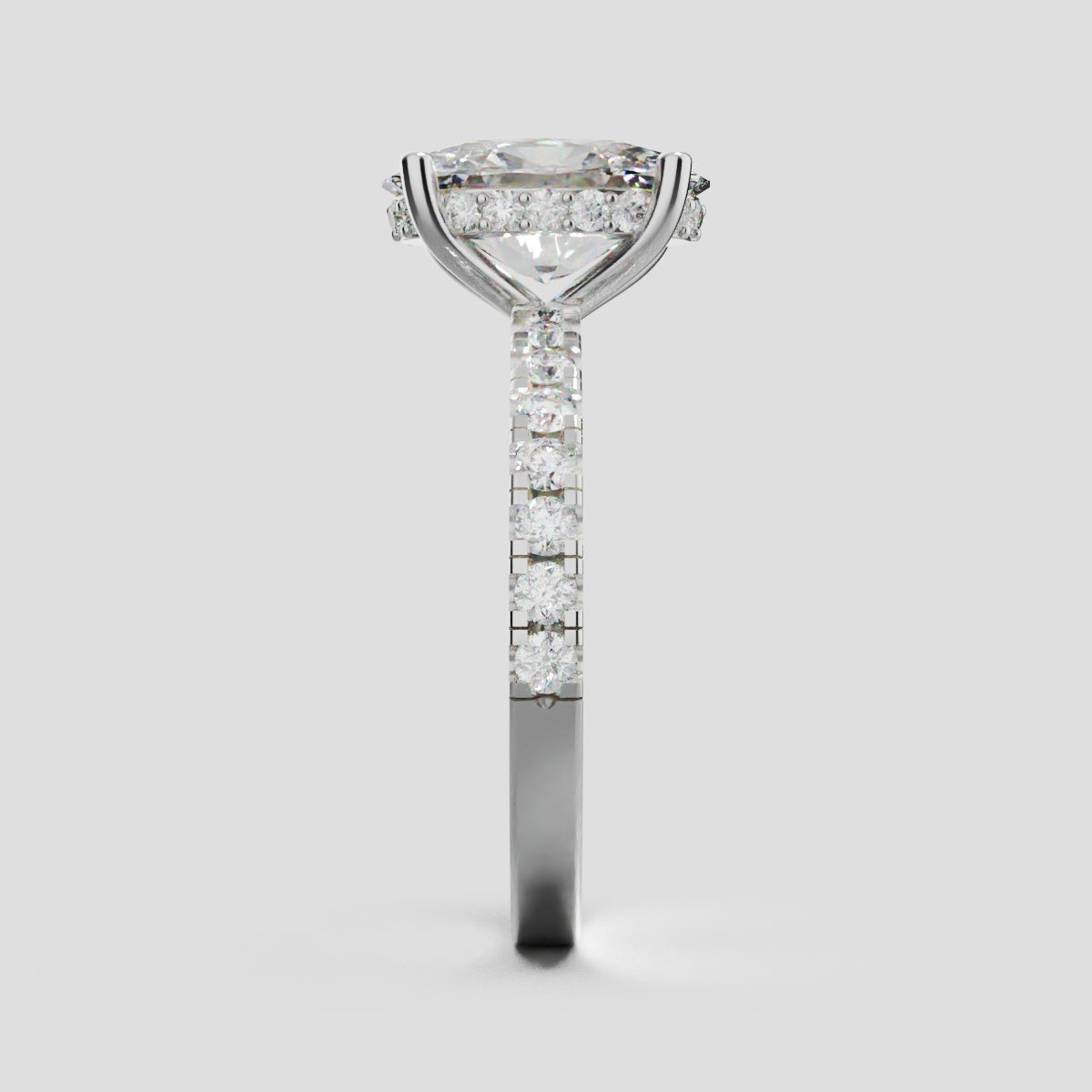 Foschia, 2ct oval lab grown diamond engagement ring, 1.8mm Pave, Hidden Halo, 18K white gold - side view