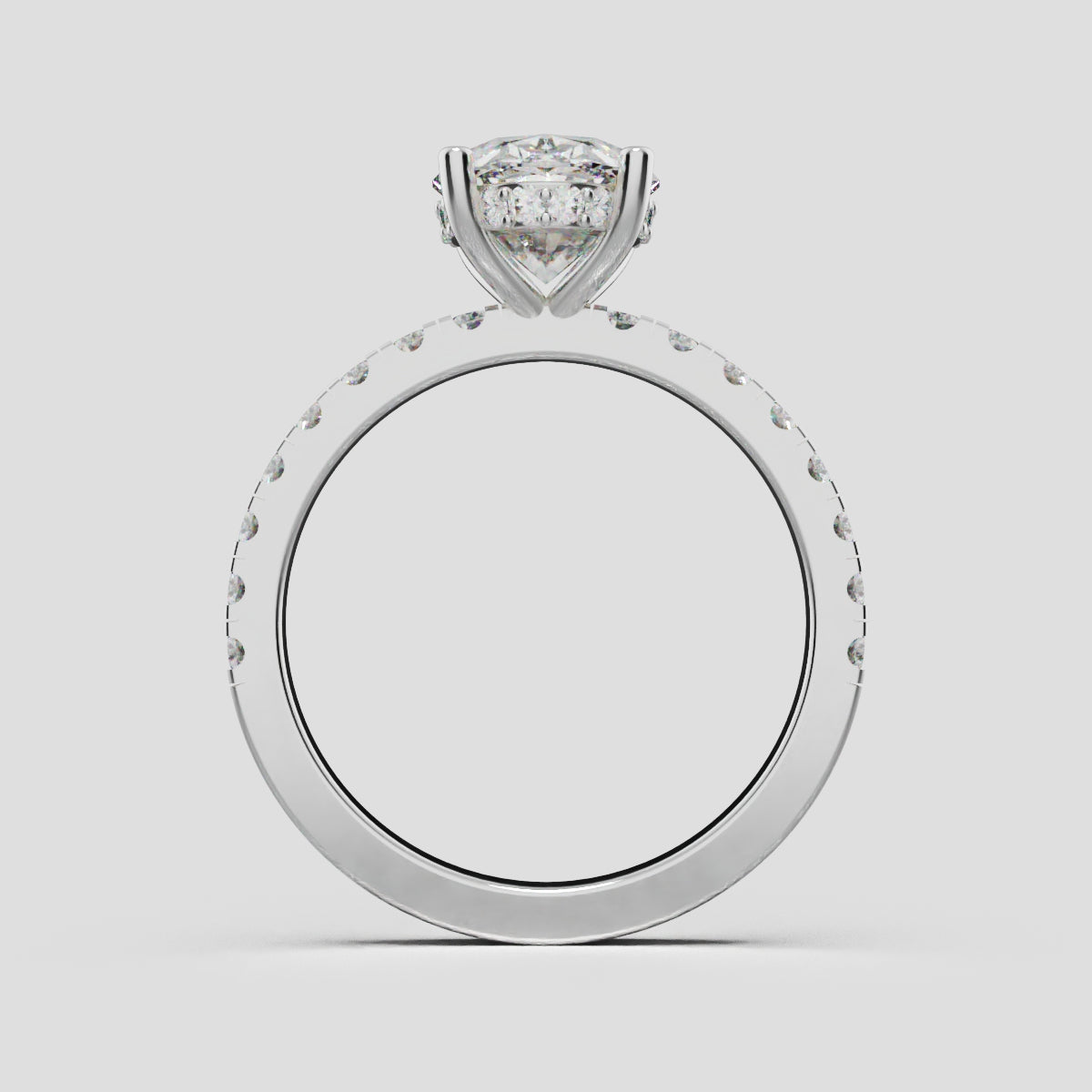 Foschia, 2ct oval lab grown diamond engagement ring, 1.8mm Pave, Hidden Halo, 18K white gold - through finger