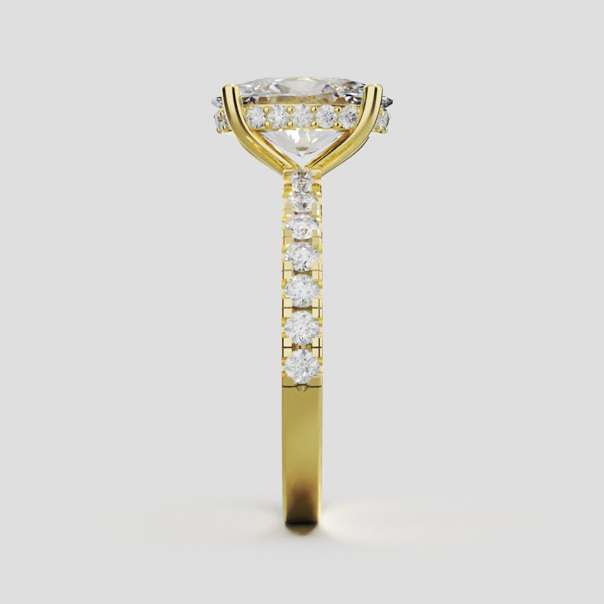 Foschia, 2ct oval lab grown diamond engagement ring, 1.8mm Pave, Hidden Halo, 18K yellow gold - side view