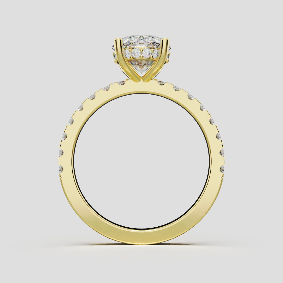 Foschia, 2ct oval lab grown diamond engagement ring, 1.8mm Pave, Hidden Halo, 18K yellow gold - through finger