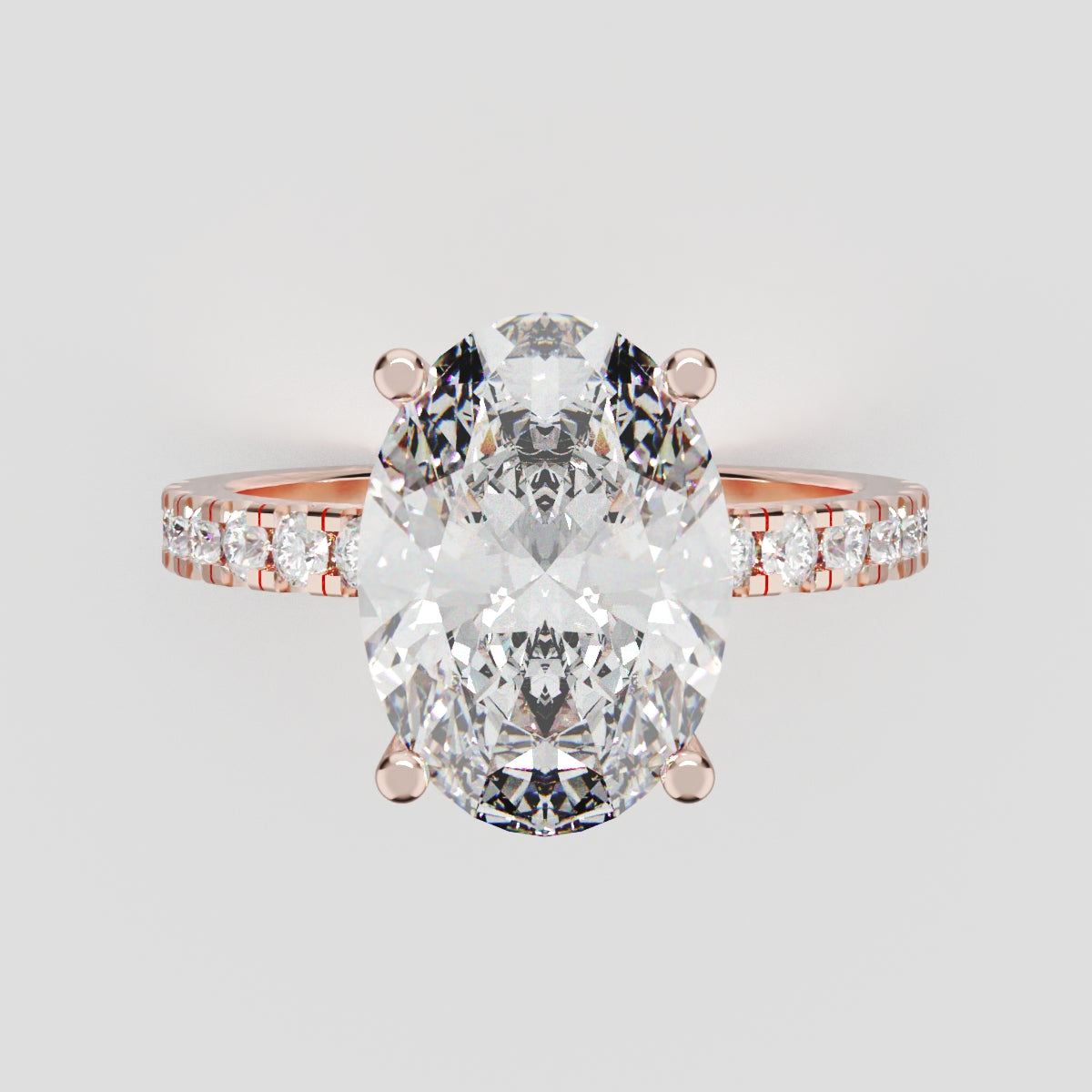 Foschia, 3ct oval lab grown diamond engagement ring, 1.8mm Pave, Hidden Halo, 18K rose gold - front view