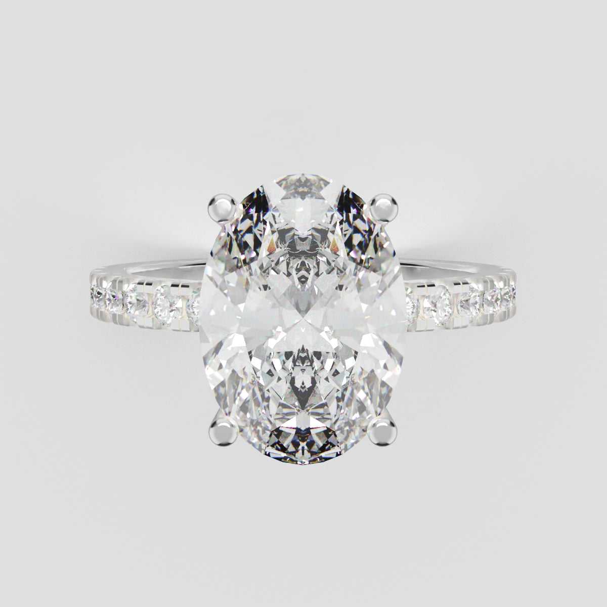 Foschia, 3ct oval lab grown diamond engagement ring, 1.8mm Pave, Hidden Halo, 18K white gold - front view