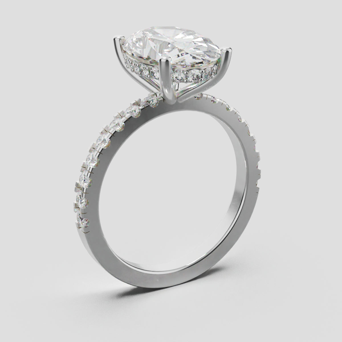 Foschia, 3ct oval lab grown diamond engagement ring, 1.8mm Pave, Hidden Halo, 18K white gold - ne