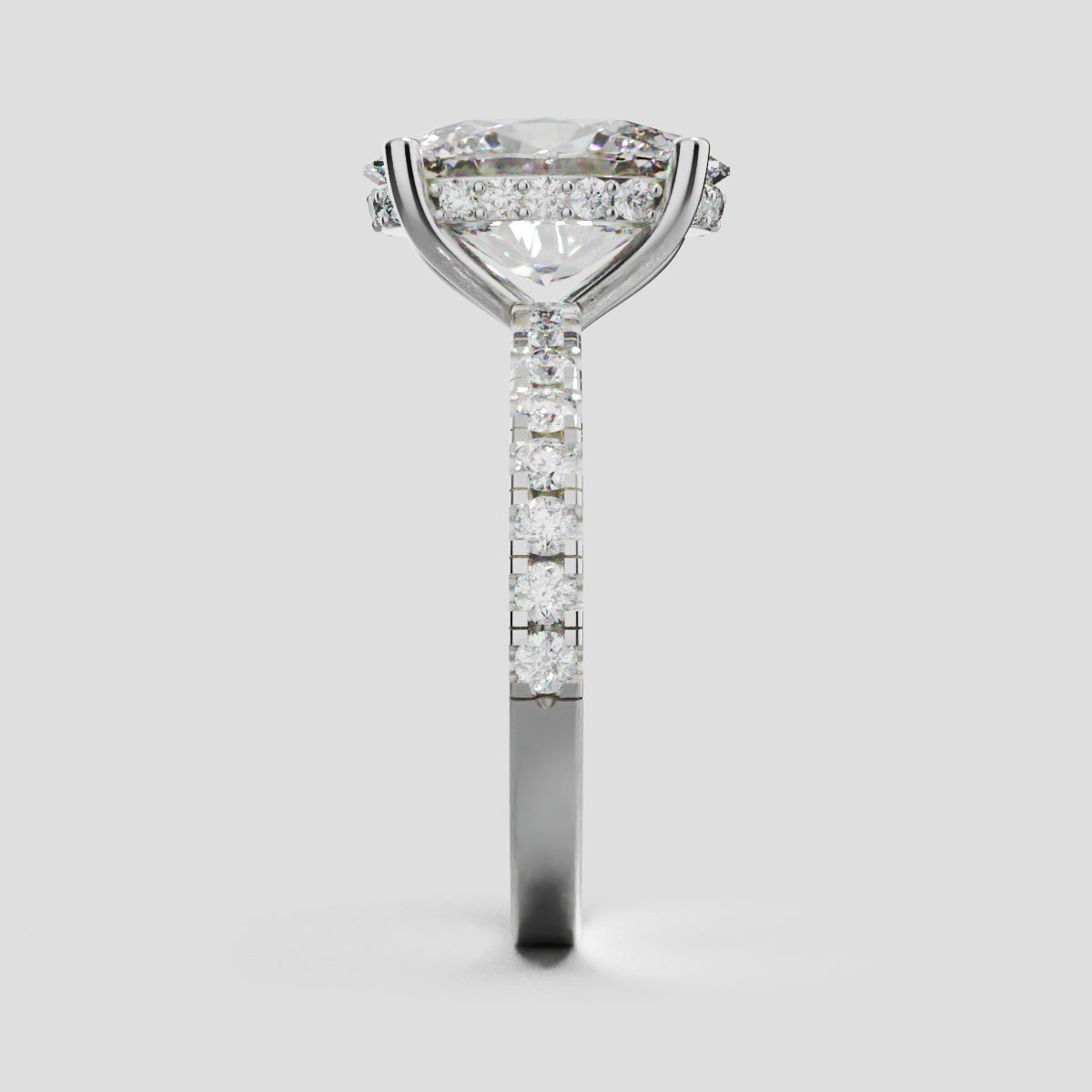 Foschia, 3ct oval lab grown diamond engagement ring, 1.8mm Pave, Hidden Halo, 18K white gold - side view