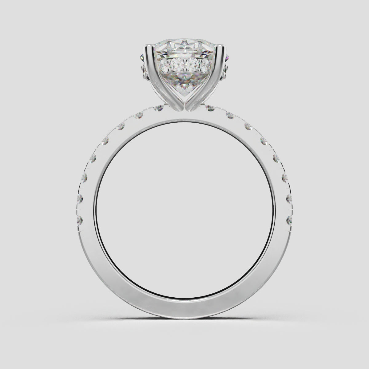 Foschia, 3ct oval lab grown diamond engagement ring, 1.8mm Pave, Hidden Halo, 18K white gold - through finger