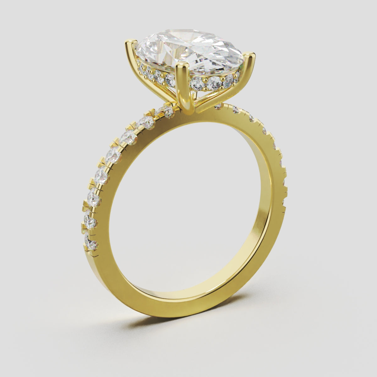 Foschia, 3ct oval lab grown diamond engagement ring, 1.8mm Pave, Hidden Halo, 18K yellow gold - ne