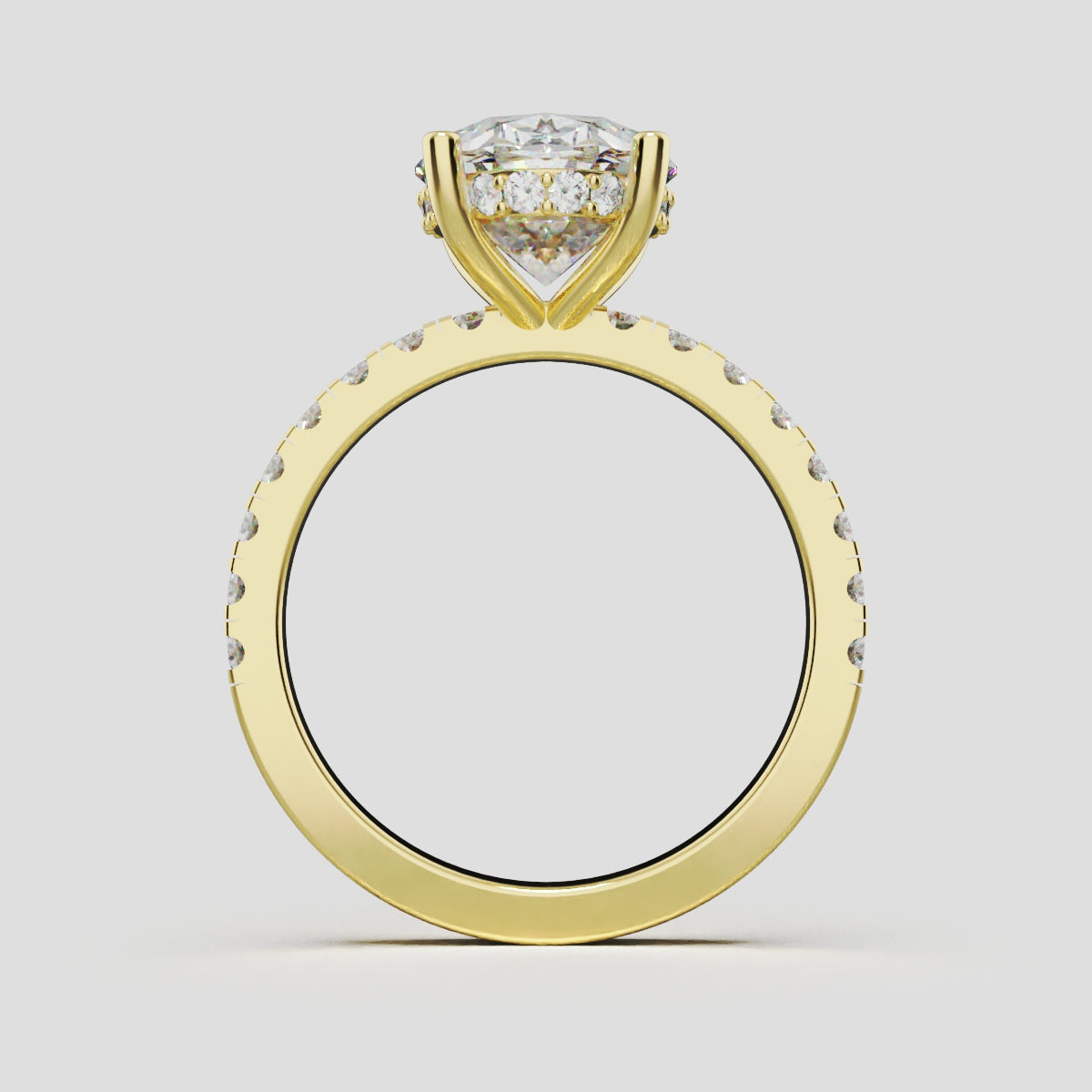 Foschia, 3ct oval lab grown diamond engagement ring, 1.8mm Pave, Hidden Halo, 18K yellow gold - through finger
