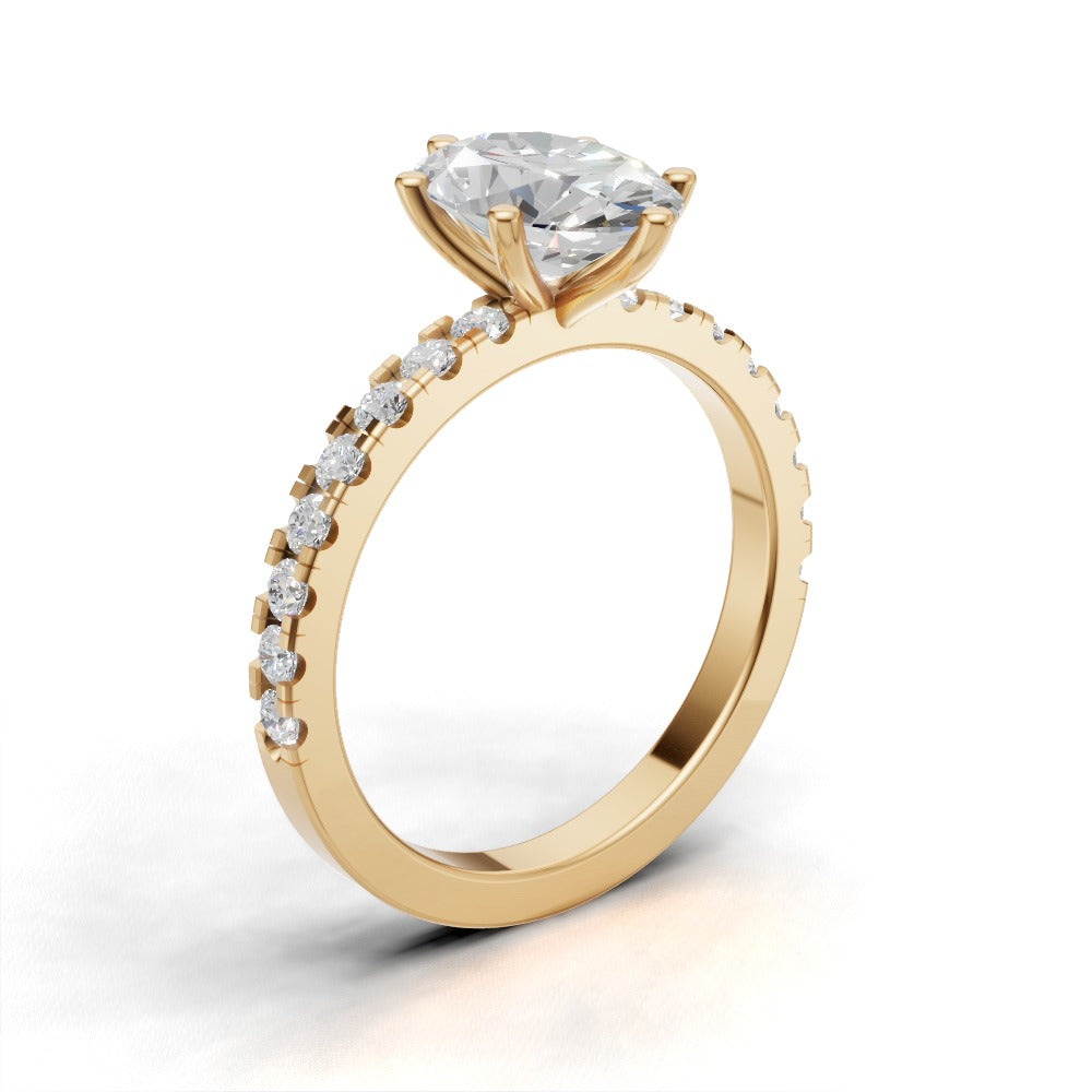 Pioggia, 1.5ct oval lab grown diamond engagement ring, 1.8mm Pave, 6 Prongs, 18K yellow gold - ne