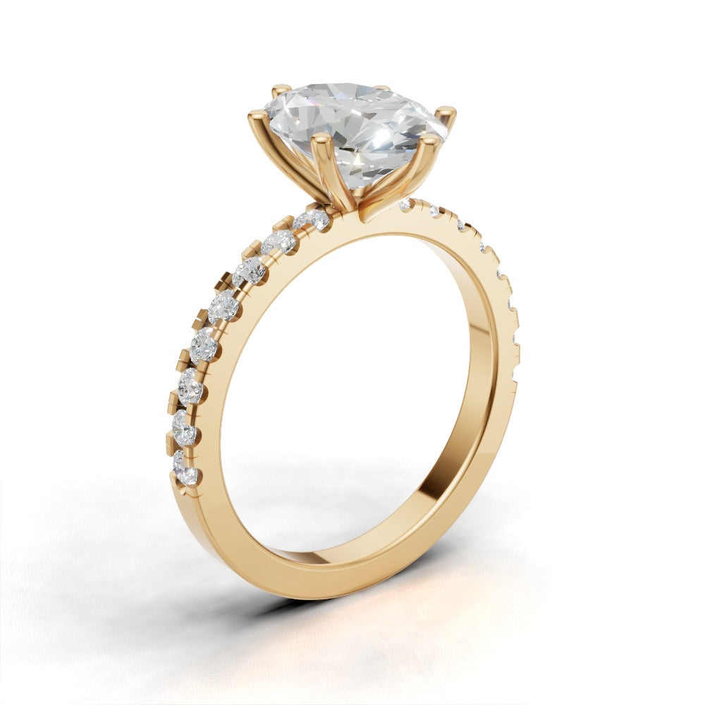 Pioggia, 2ct oval lab grown diamond engagement ring, 1.8mm Pave, 6 Prongs, 18K yellow gold - ne