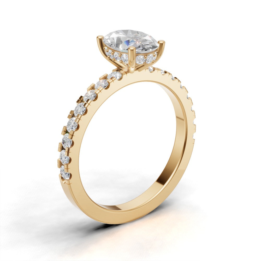 Foschia, 1ct oval lab grown diamond engagement ring, 1.8mm Pave, Hidden Halo, 18K yellow gold - ne