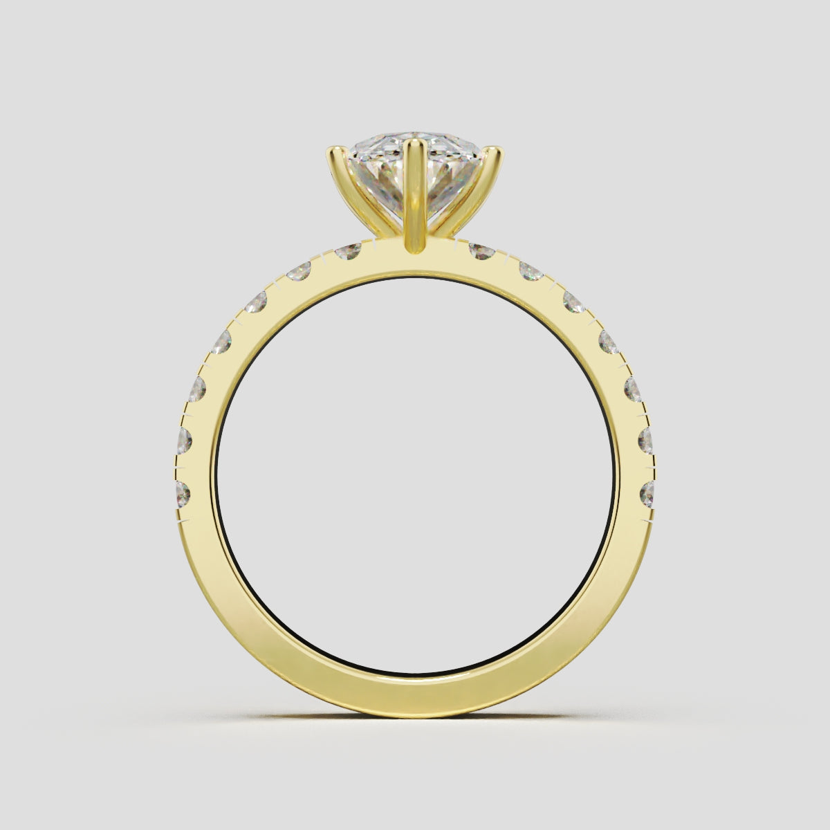 Bagliore, 1.5ct oval lab grown diamond engagement ring, 2.0mm Pave, 6 Prongs, 18K yellow gold - through finger