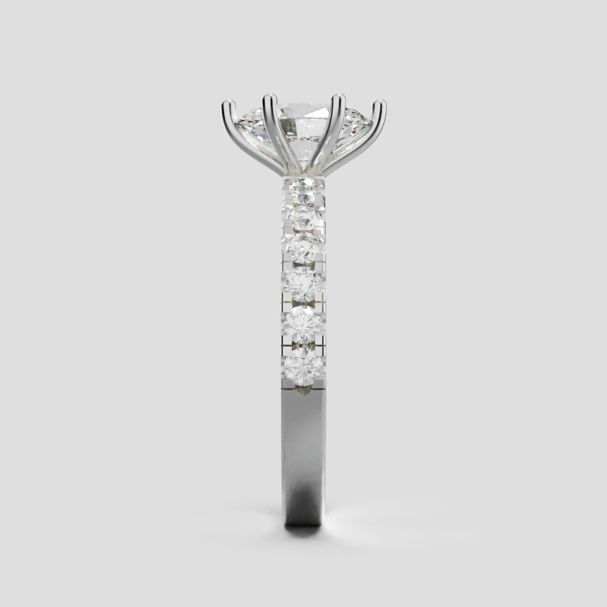Bagliore, 1ct oval lab grown diamond engagement ring, 2.0mm Pave, 6 Prongs, 18K white gold - side view