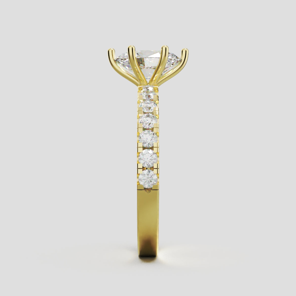 Bagliore, 1ct oval lab grown diamond engagement ring, 2.0mm Pave, 6 Prongs, 18K yellow gold - side view