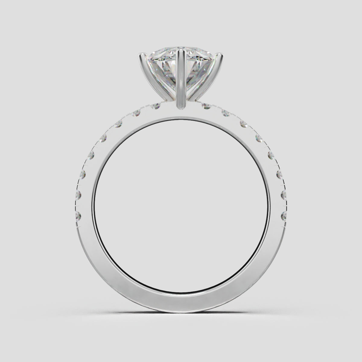Bagliore, 2ct oval lab grown diamond engagement ring, 2.0mm Pave, 6 Prongs, 18K white gold - through finger