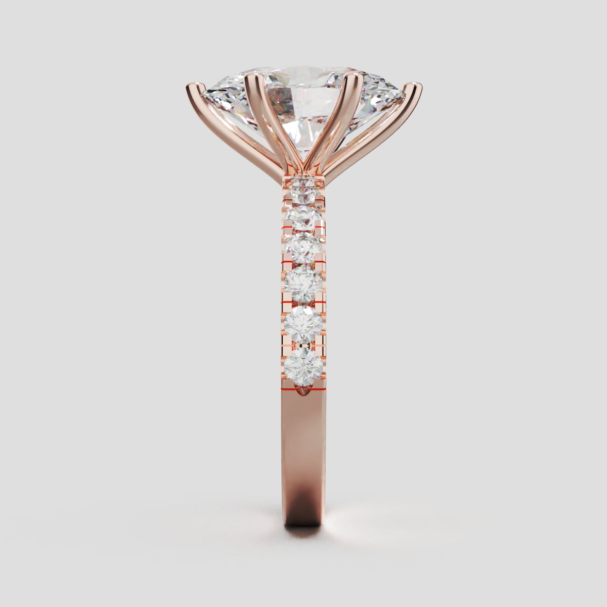 Bagliore, 3ct oval lab grown diamond engagement ring, 2.0mm Pave, 6 Prongs, 18K rose gold - side view