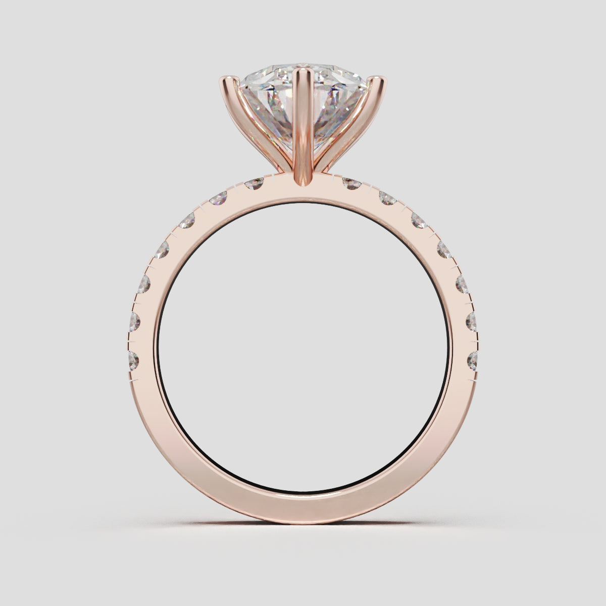 Bagliore, 3ct oval lab grown diamond engagement ring, 2.0mm Pave, 6 Prongs, 18K rose gold - through finger