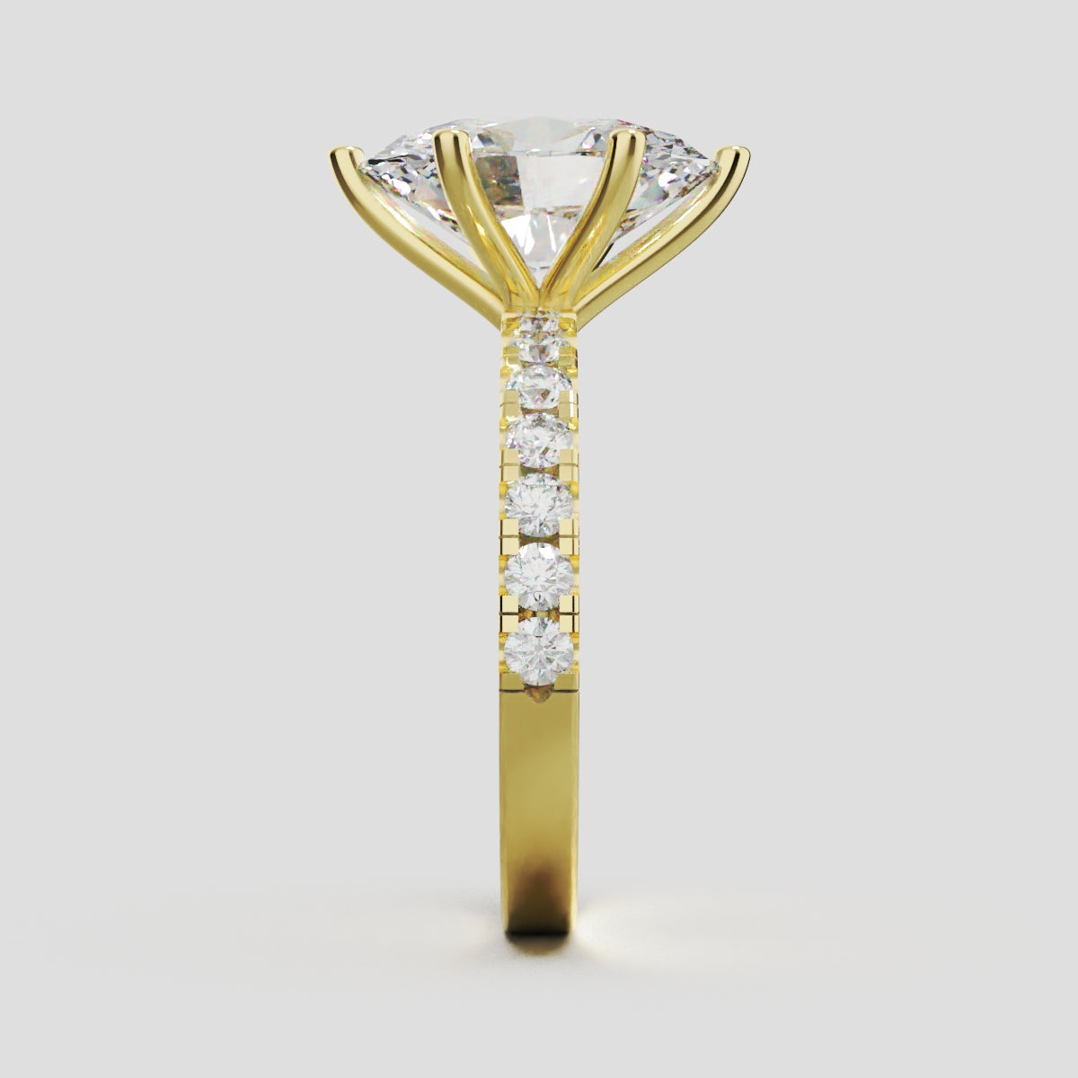 Bagliore, 3ct oval lab grown diamond engagement ring, 2.0mm Pave, 6 Prongs, 18K yellow gold - side view