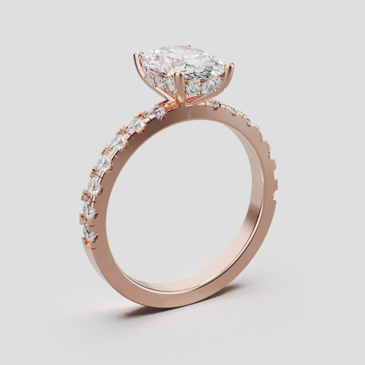 Penombra, 1.5ct oval lab grown diamond engagement ring, 2.0mm Pave, Hidden Halo, 18K rose gold - ne