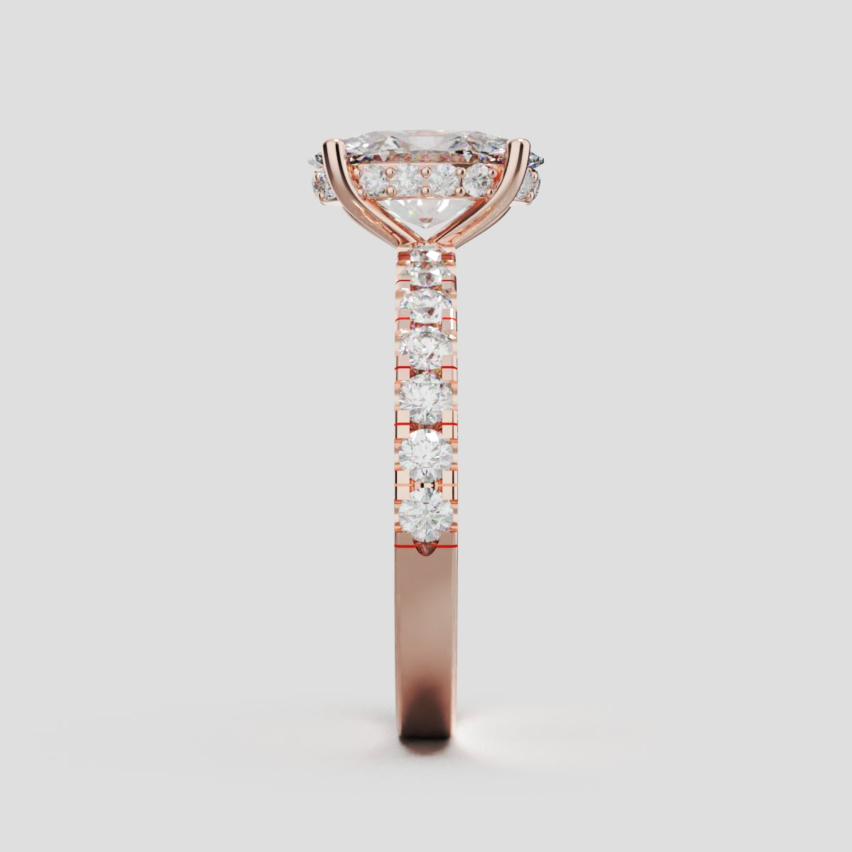 Penombra, 1.5ct oval lab grown diamond engagement ring, 2.0mm Pave, Hidden Halo, 18K rose gold - side view