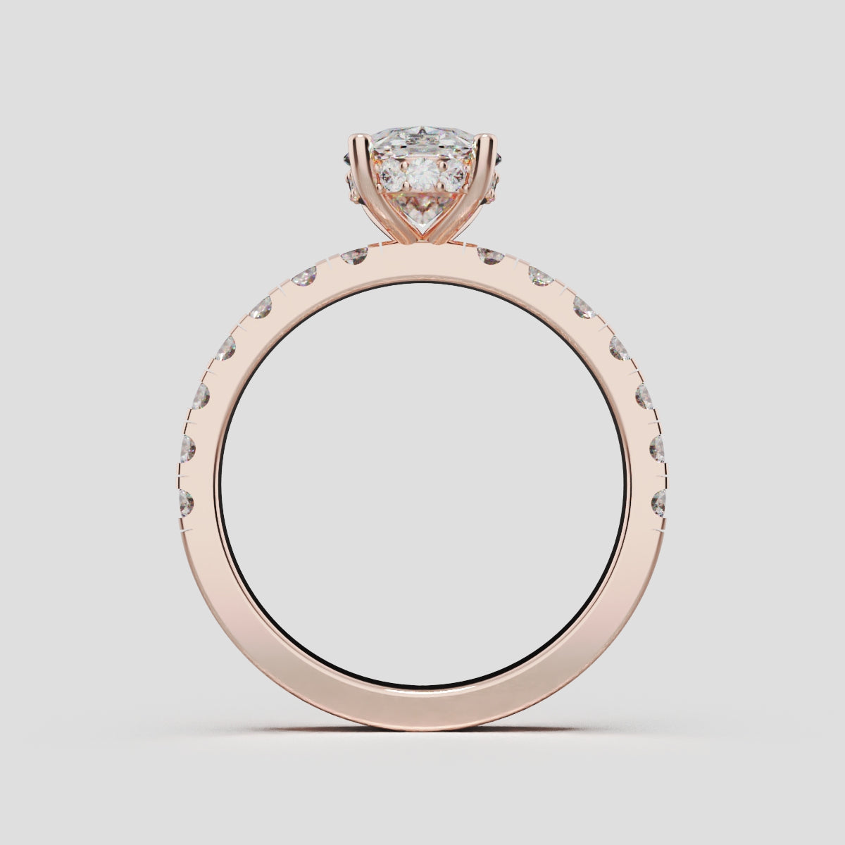 Penombra, 1.5ct oval lab grown diamond engagement ring, 2.0mm Pave, Hidden Halo, 18K rose gold - through finger