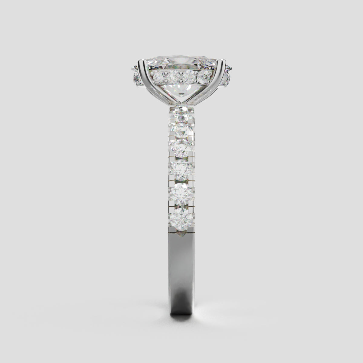 Penombra, 1.5ct oval lab grown diamond engagement ring, 2.0mm Pave, Hidden Halo, 18K white gold - side view