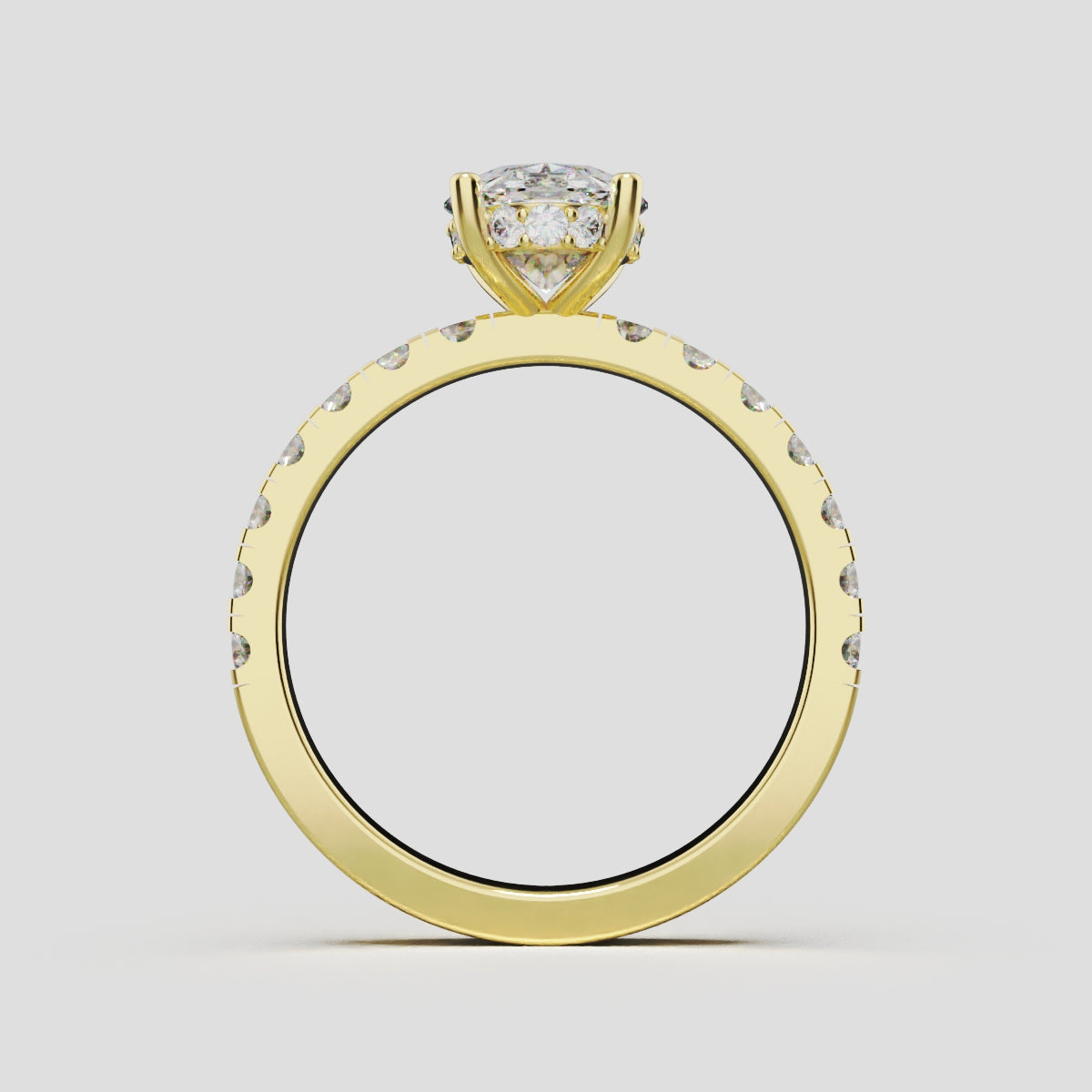 Penombra, 1.5ct oval lab grown diamond engagement ring, 2.0mm Pave, Hidden Halo, 18K yellow gold - through finger