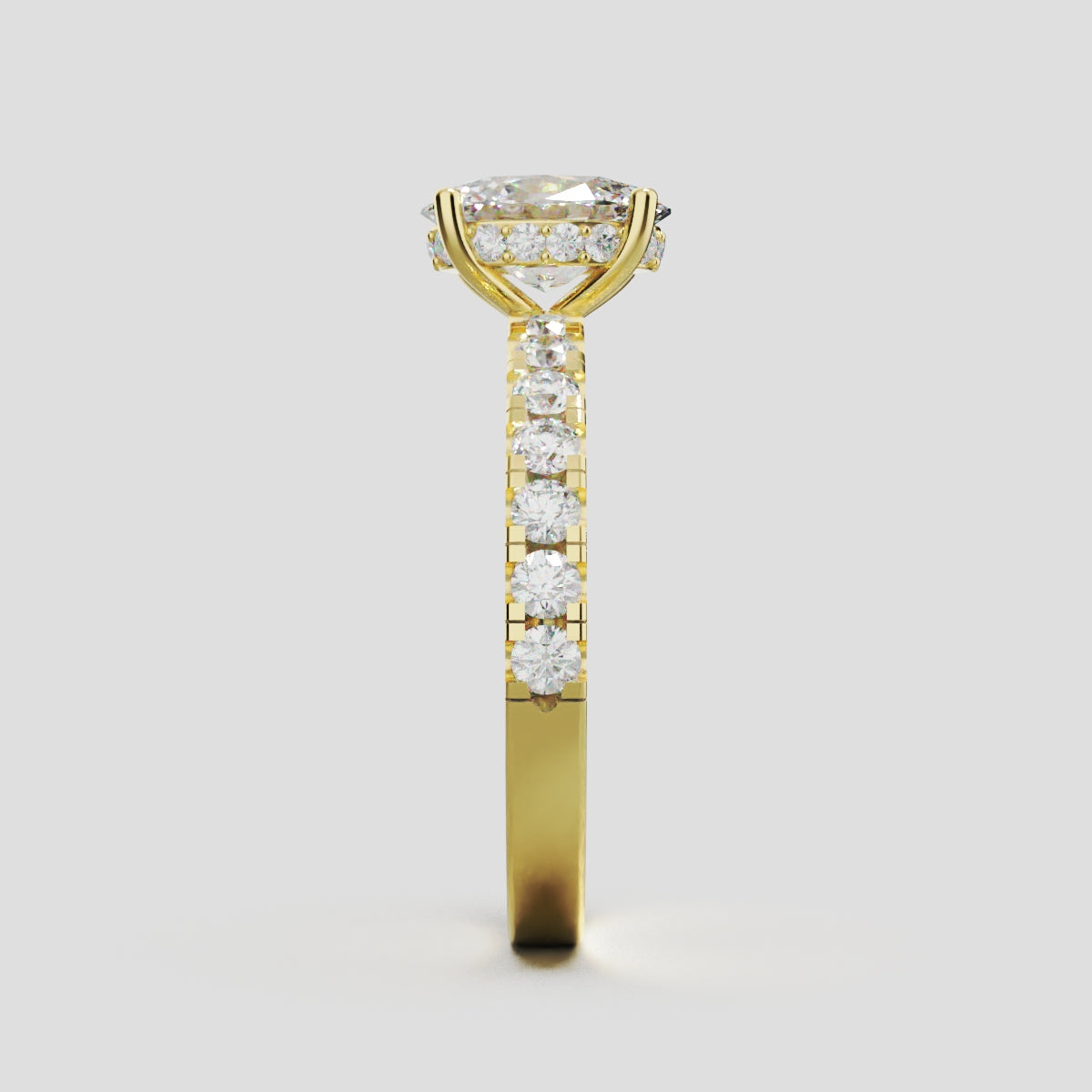 Penombra, 1ct oval lab grown diamond engagement ring, 2.0mm Pave, Hidden Halo, 18K yellow gold - side view