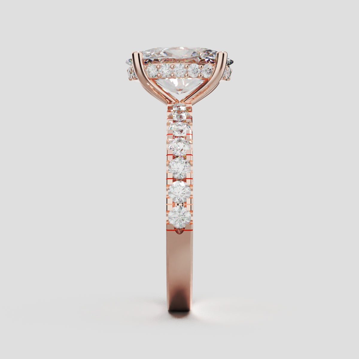 Penombra, 2ct oval lab grown diamond engagement ring, 2.0mm Pave, Hidden Halo, 18K rose gold - side view
