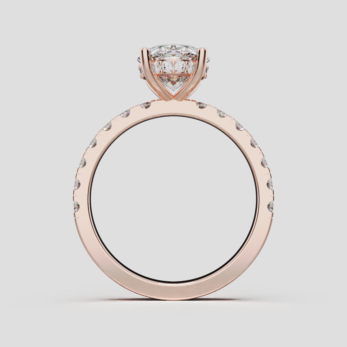 Penombra, 2ct oval lab grown diamond engagement ring, 2.0mm Pave, Hidden Halo, 18K rose gold - through finger