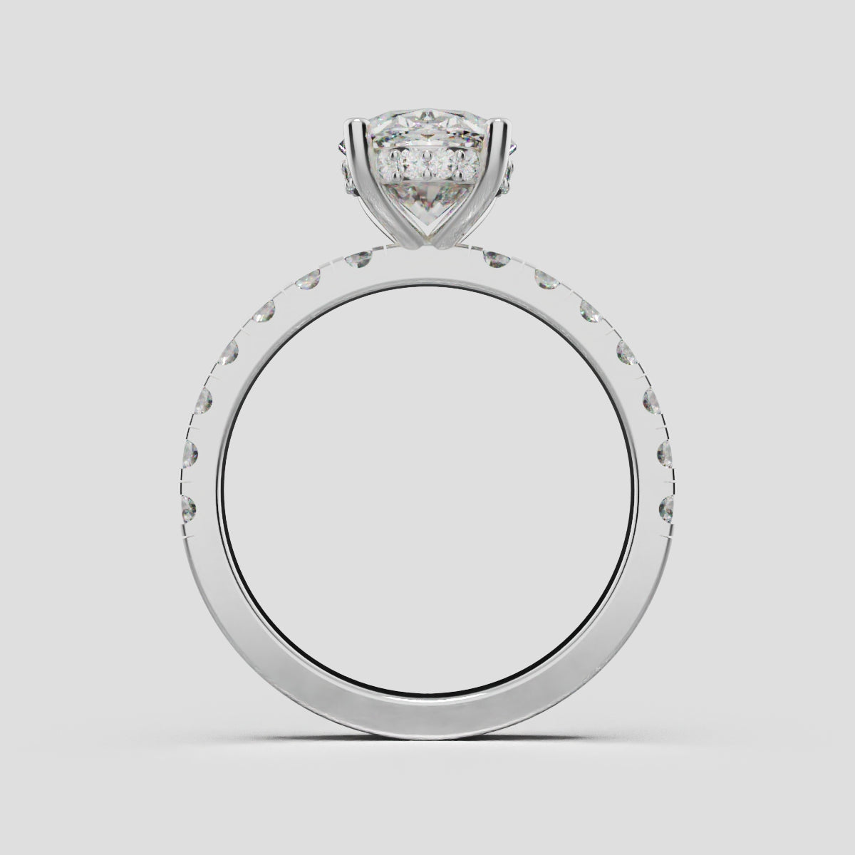 Penombra, 2ct oval lab grown diamond engagement ring, 2.0mm Pave, Hidden Halo, 18K white gold - through finger