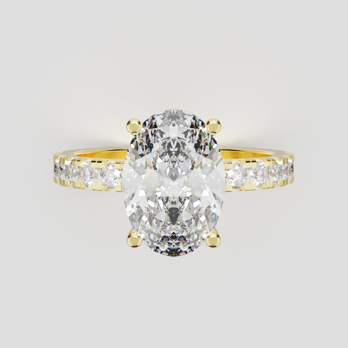 Penombra, 2ct oval lab grown diamond engagement ring, 2.0mm Pave, Hidden Halo, 18K yellow gold - front view