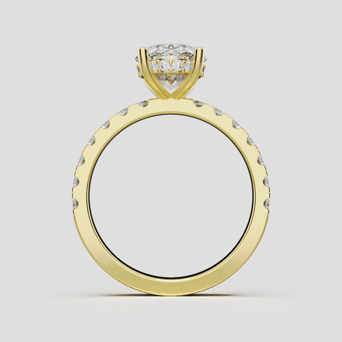 Penombra, 2ct oval lab grown diamond engagement ring, 2.0mm Pave, Hidden Halo, 18K yellow gold - through finger