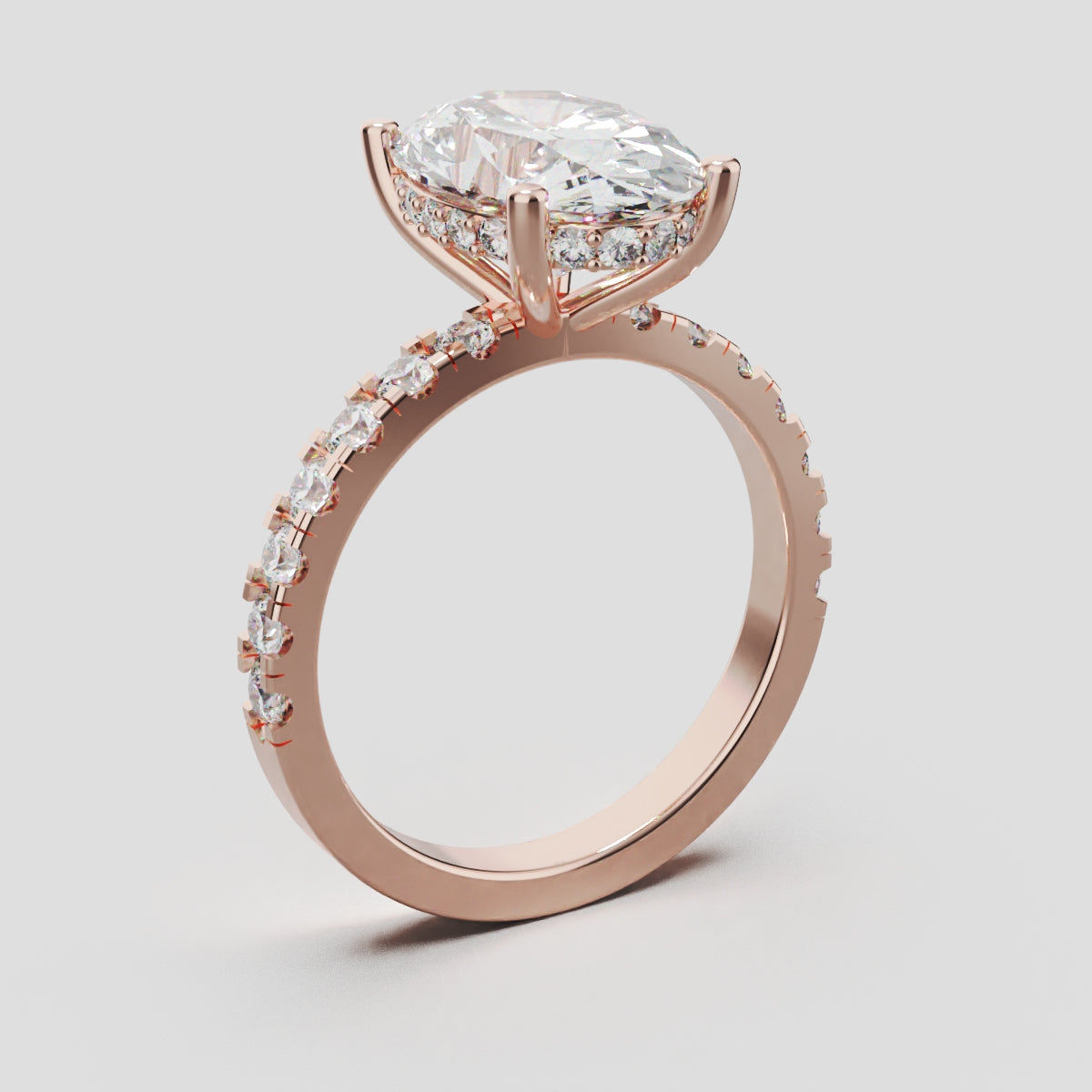 Penombra, 3ct oval lab grown diamond engagement ring, 2.0mm Pave, Hidden Halo, 18K rose gold - ne