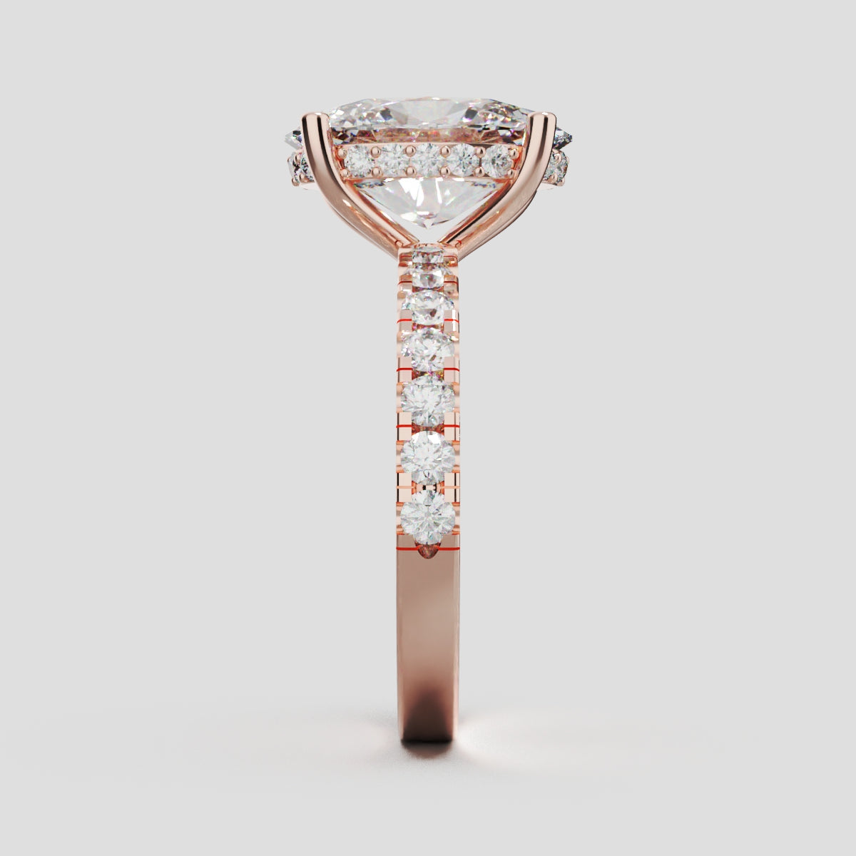 Penombra, 3ct oval lab grown diamond engagement ring, 2.0mm Pave, Hidden Halo, 18K rose gold - side view