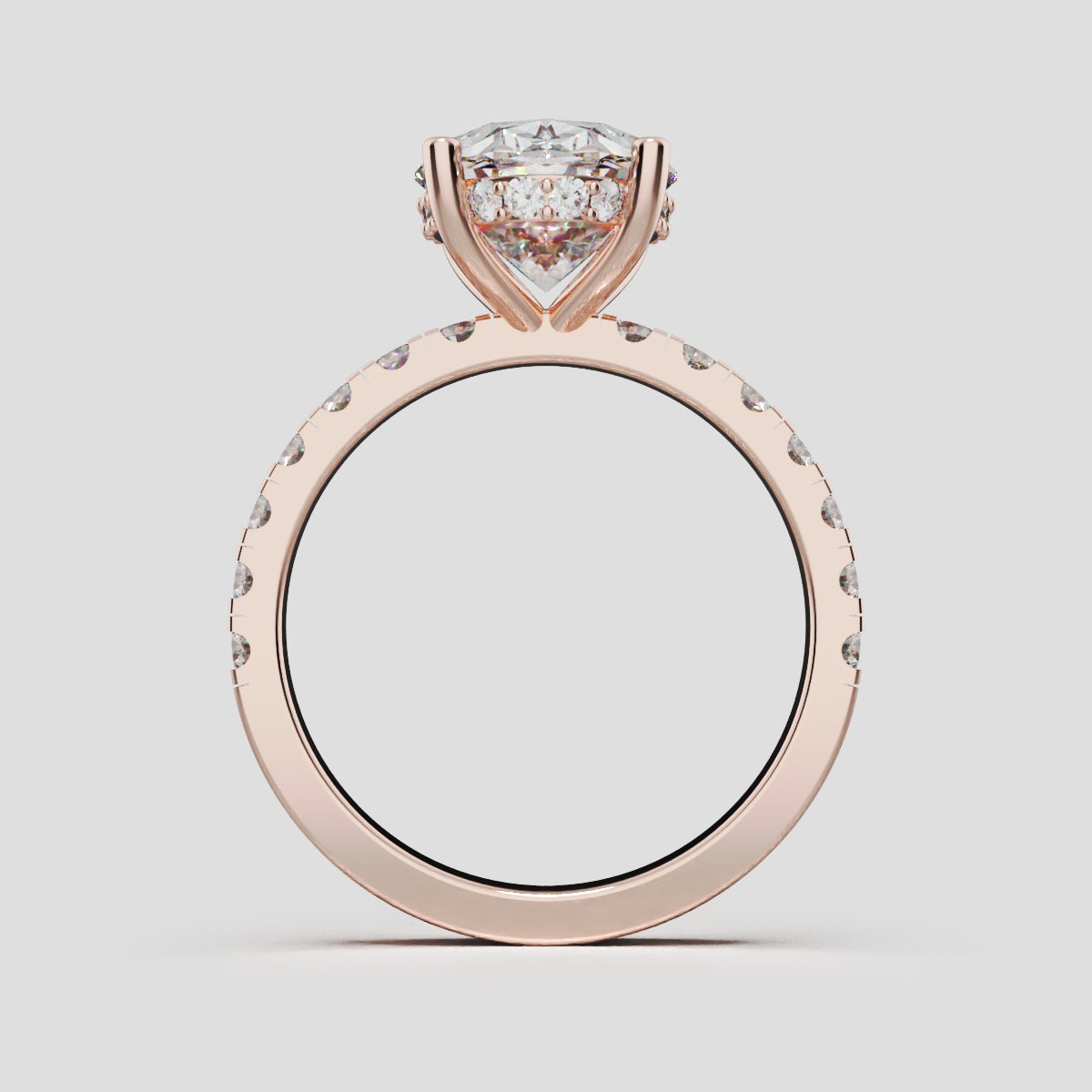 Penombra, 3ct oval lab grown diamond engagement ring, 2.0mm Pave, Hidden Halo, 18K rose gold - through finger