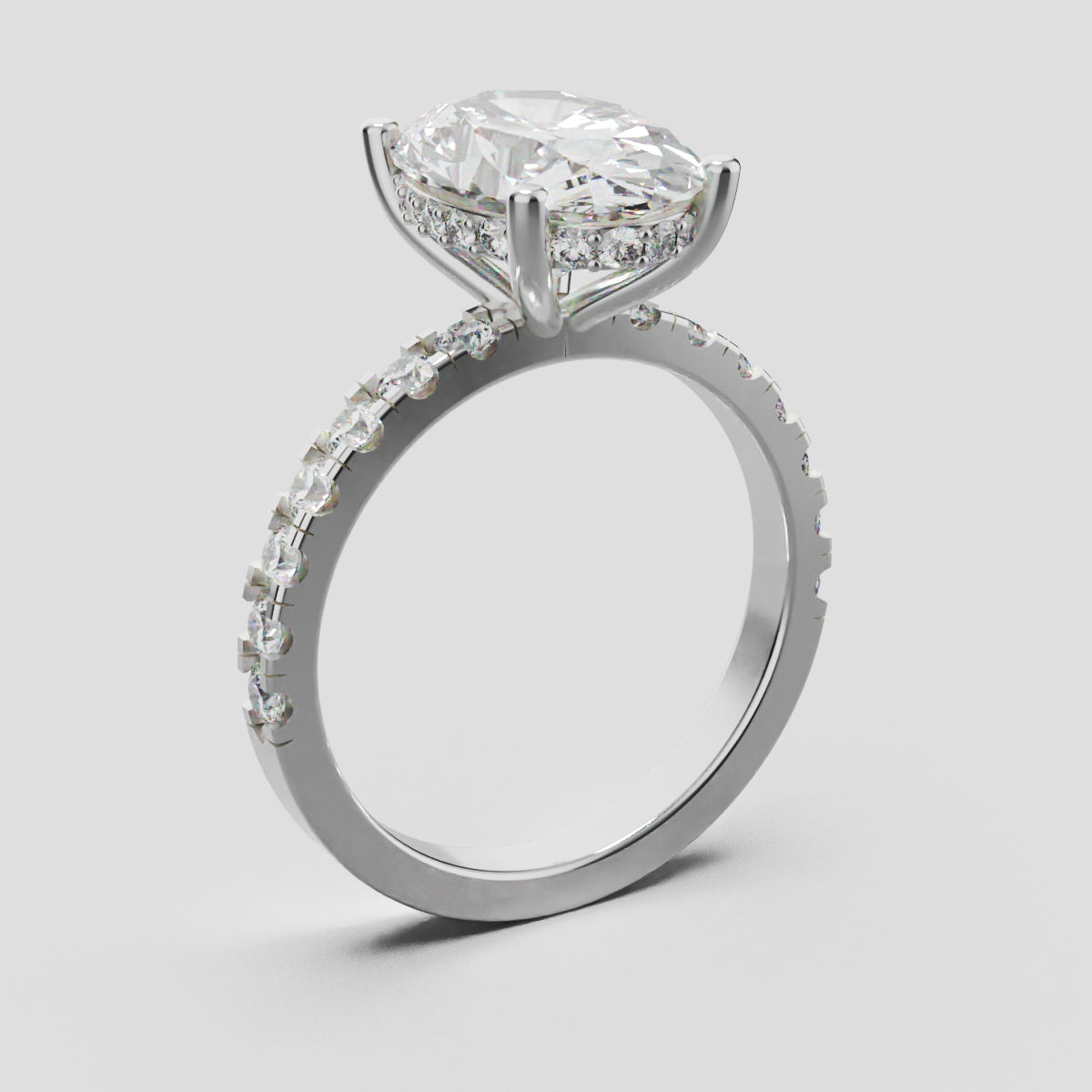 Penombra, 3ct oval lab grown diamond engagement ring, 2.0mm Pave, Hidden Halo, 18K white gold - ne