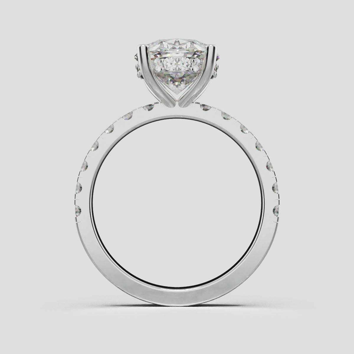 Penombra, 3ct oval lab grown diamond engagement ring, 2.0mm Pave, Hidden Halo, 18K white gold - through finger