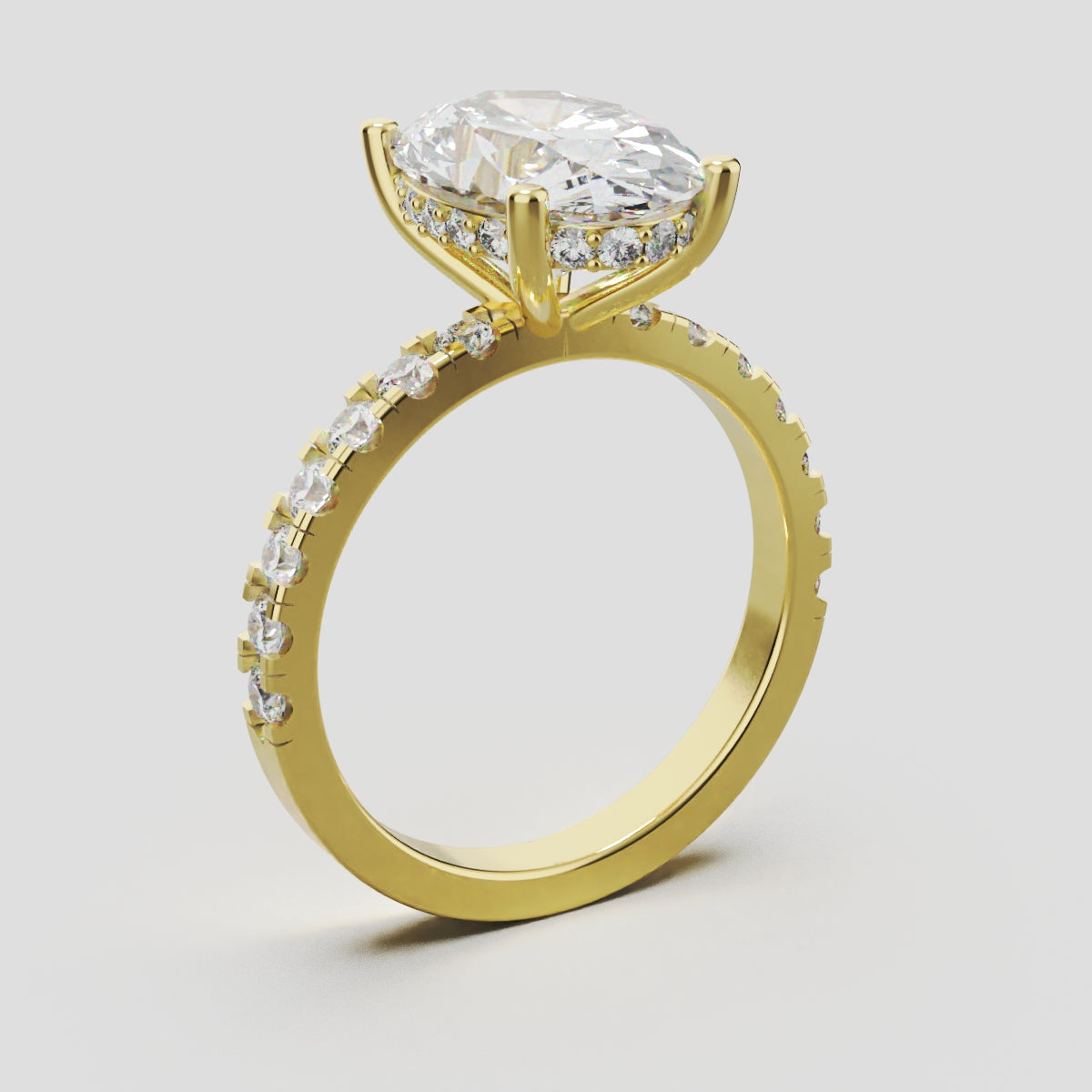 Penombra, 3ct oval lab grown diamond engagement ring, 2.0mm Pave, Hidden Halo, 18K yellow gold - ne