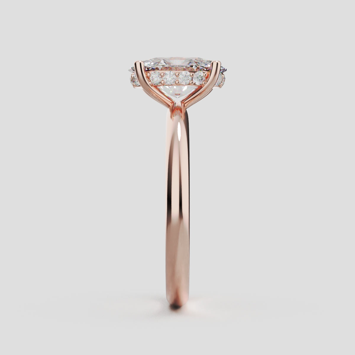 Riserbo, 1.5ct oval lab grown diamond engagement ring, Plain Sides, Hidden Halo, 18K rose gold - side view