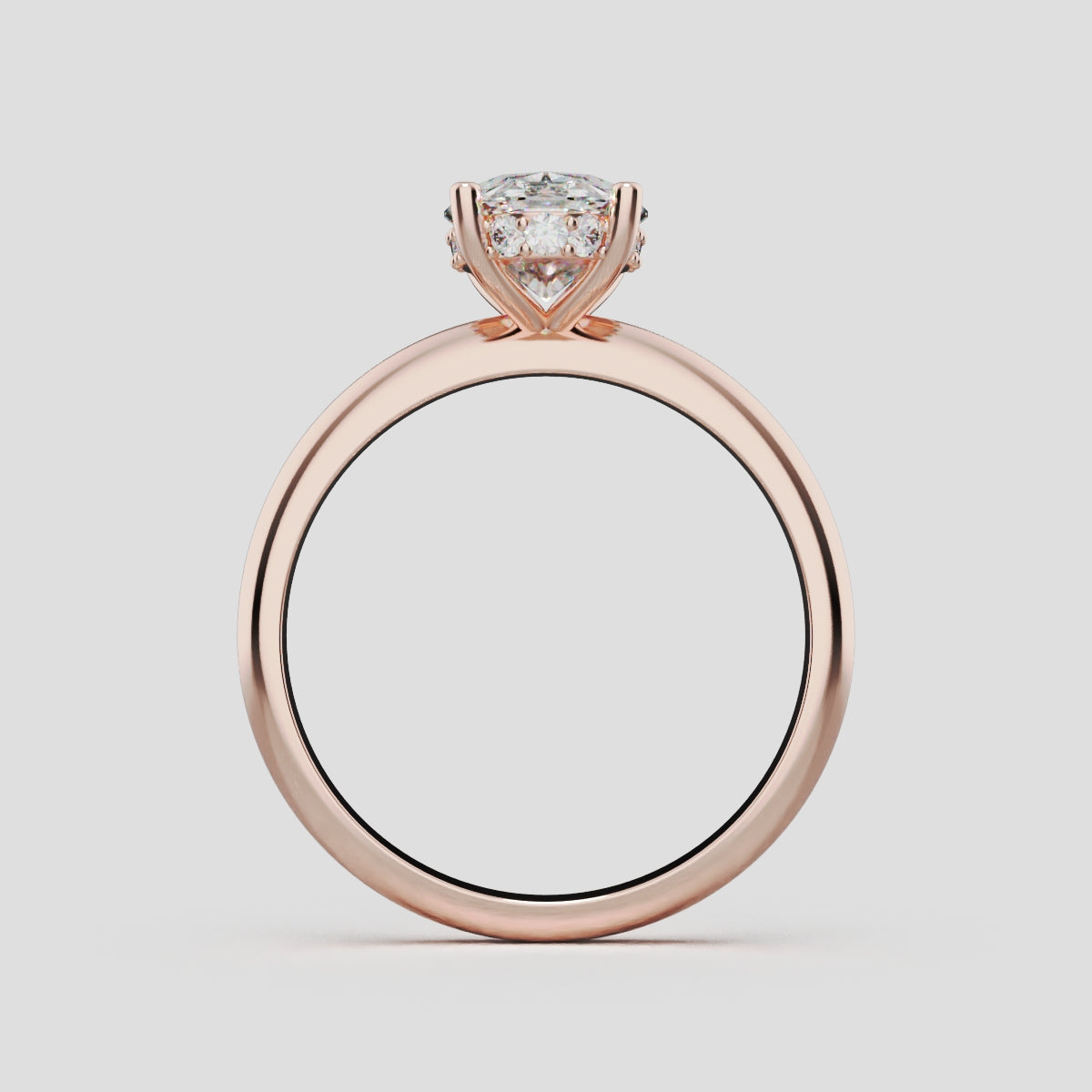 Riserbo, 1.5ct oval lab grown diamond engagement ring, Plain Sides, Hidden Halo, 18K rose gold - through finger