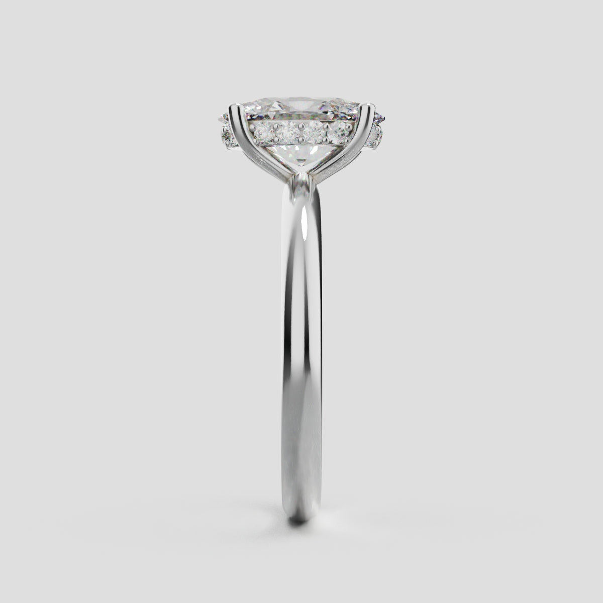 Riserbo, 1.5ct oval lab grown diamond engagement ring, Plain Sides, Hidden Halo, 18K white gold - side view