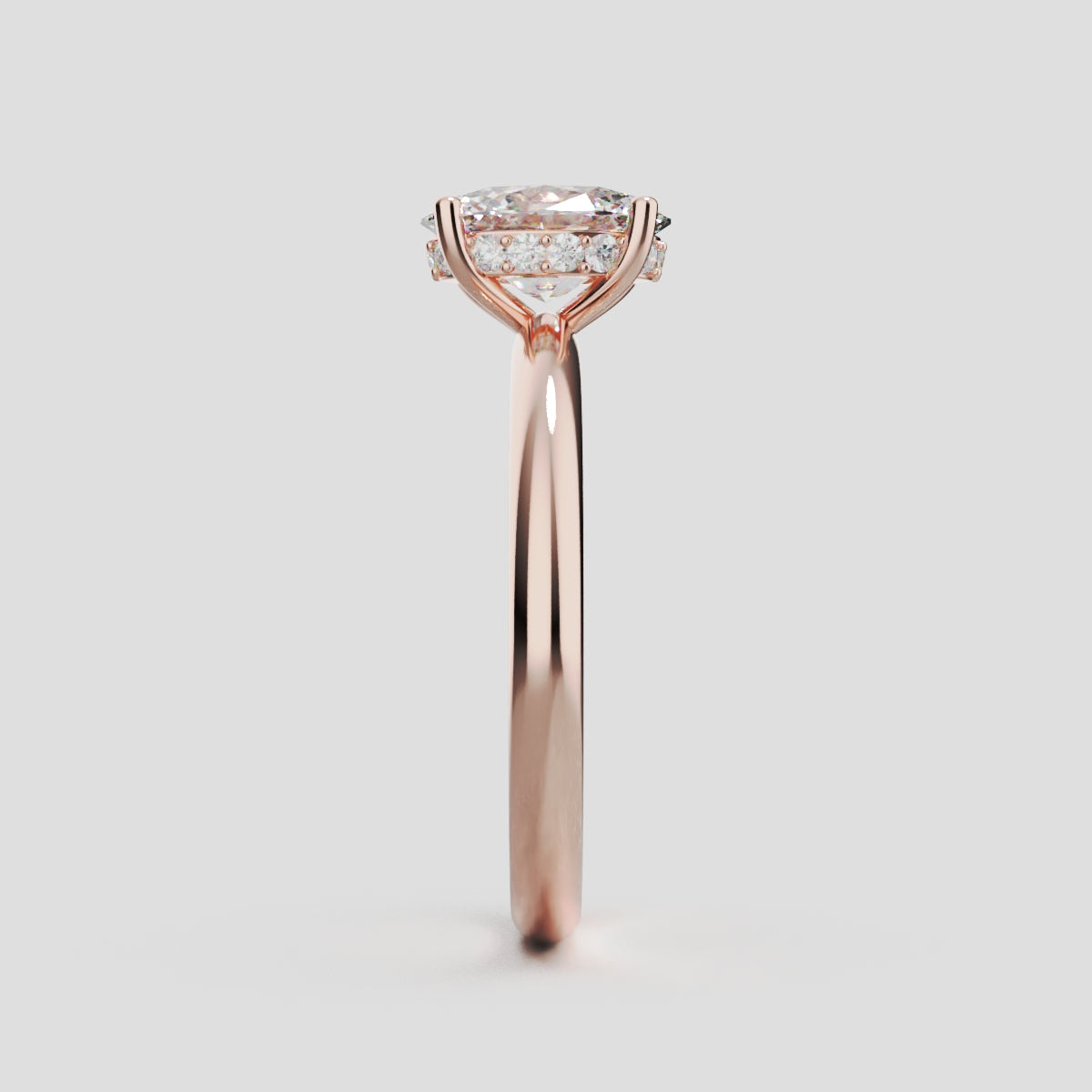 Riserbo, 1ct oval lab grown diamond engagement ring, Plain Sides, Hidden Halo, 18K rose gold - side view