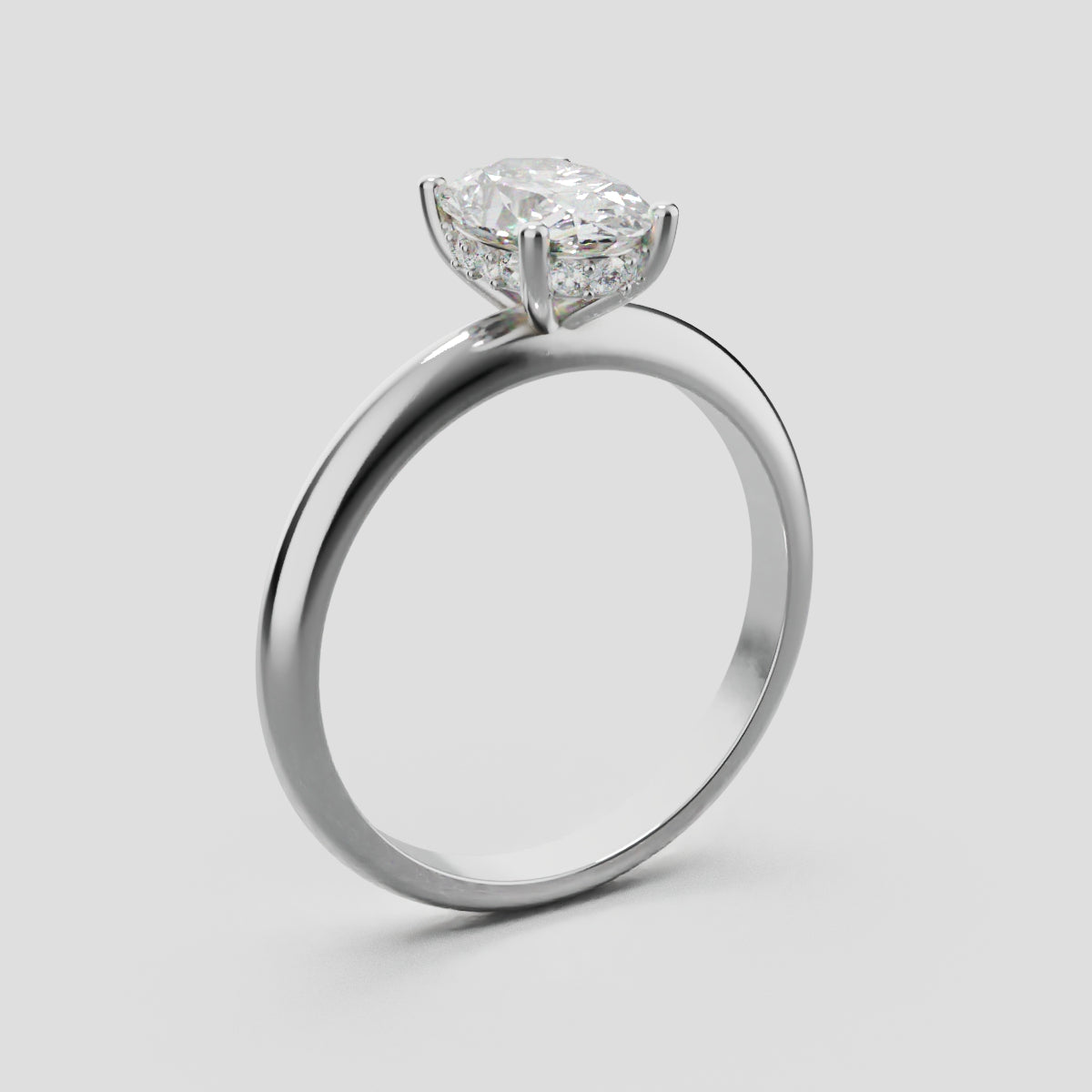 Riserbo, 1ct oval lab grown diamond engagement ring, Plain Sides, Hidden Halo, 18K white gold - ne