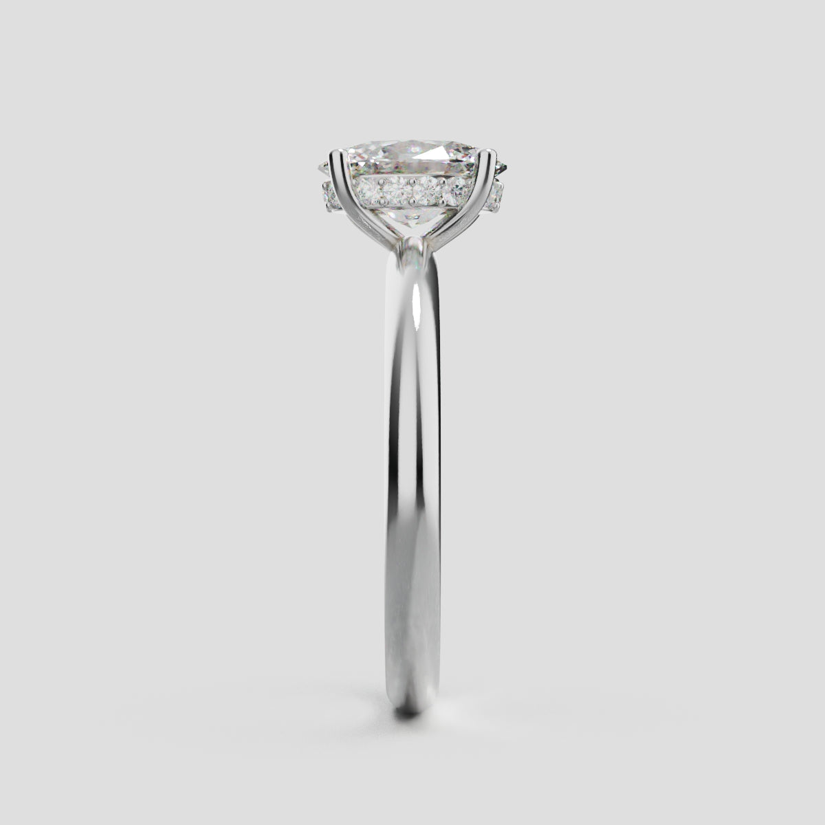 Riserbo, 1ct oval lab grown diamond engagement ring, Plain Sides, Hidden Halo, 18K white gold - side view