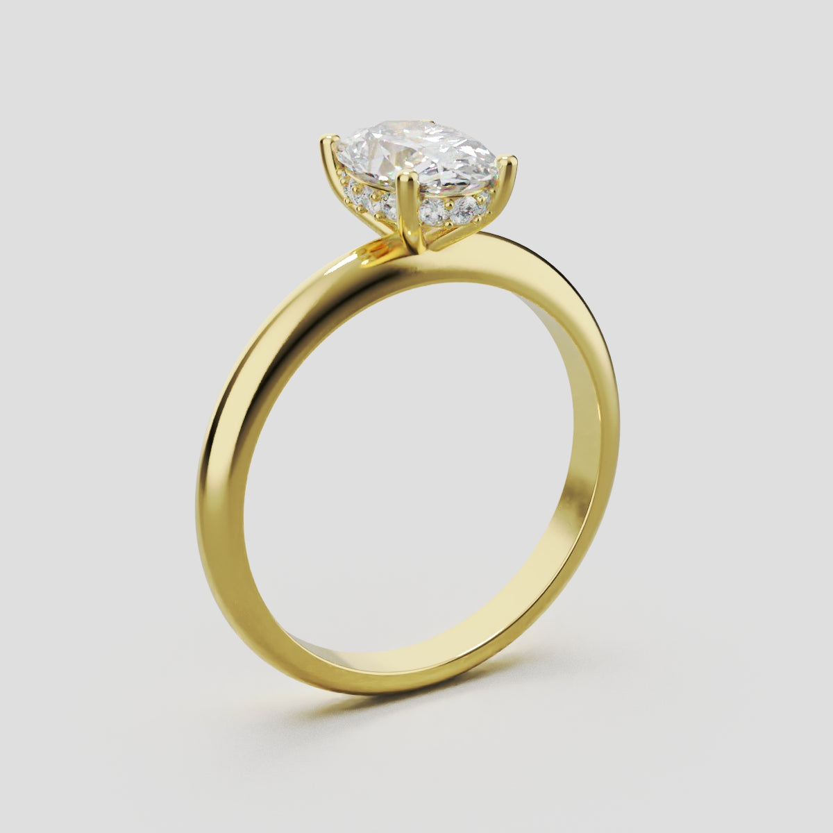 Riserbo, 1ct oval lab grown diamond engagement ring, Plain Sides, Hidden Halo, 18K yellow gold - ne