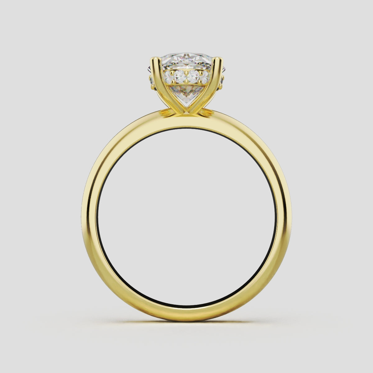 Riserbo, 2ct oval lab grown diamond engagement ring, Plain Sides, Hidden Halo, 18K yellow gold - through finger